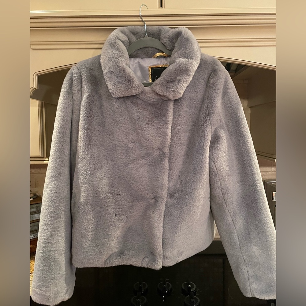 NEVER WORN Sam Edelman Faux Fur Blue Gray Teddy Jacket Double Breasted - Large
